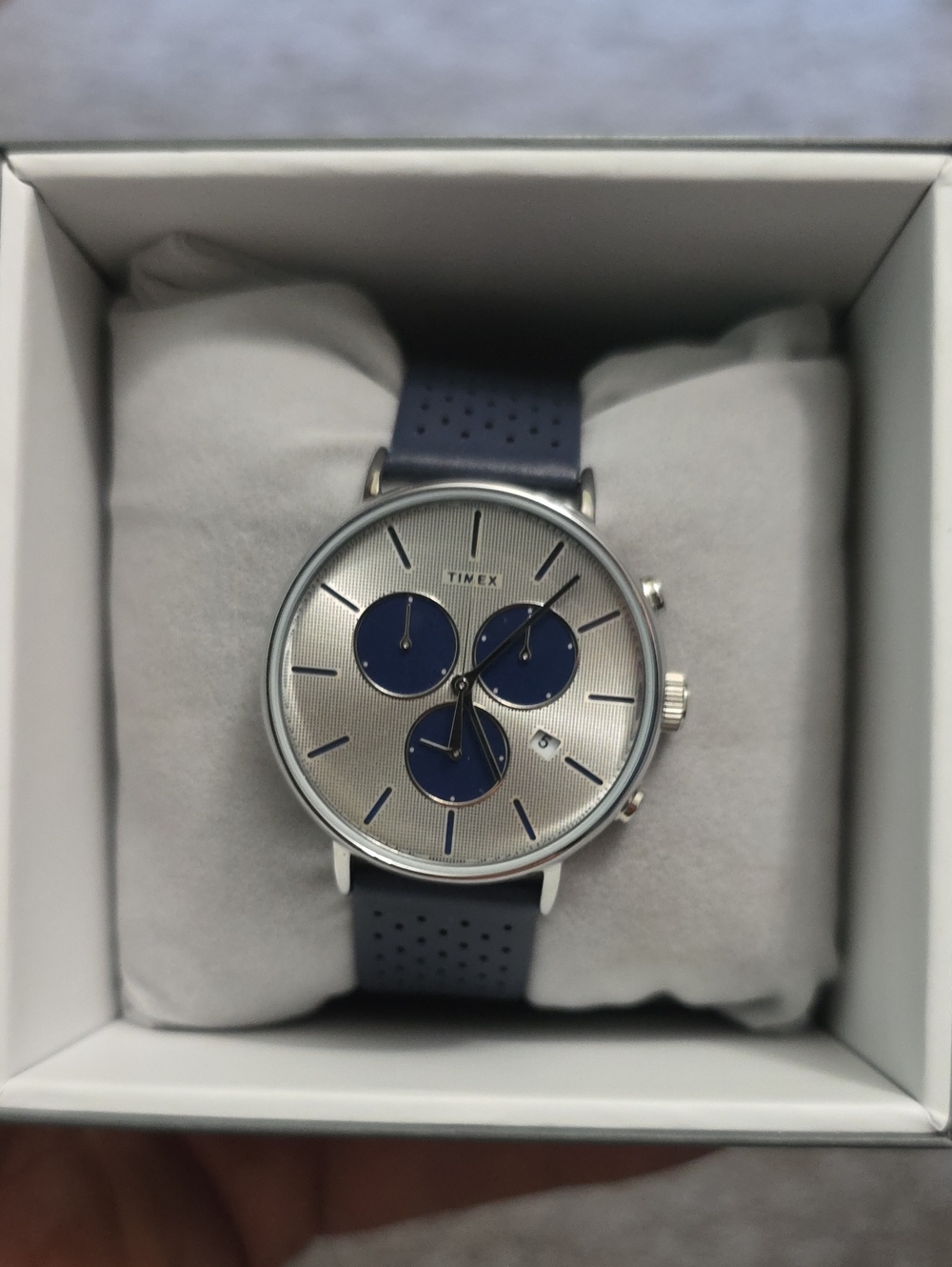 Timex Silver Dial with Blue Subdials and Blue Strap Chronograph